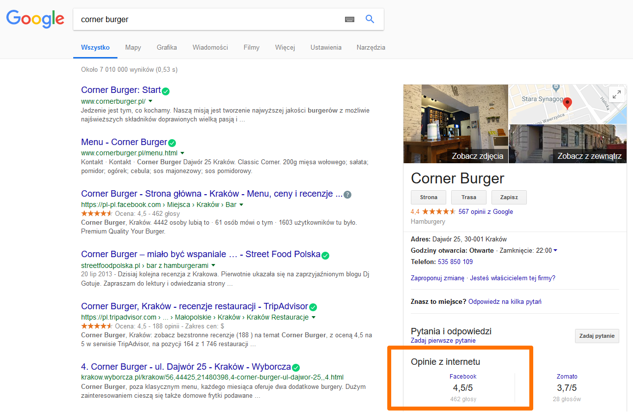 Firma lokalna opinie z Facebooka w Google