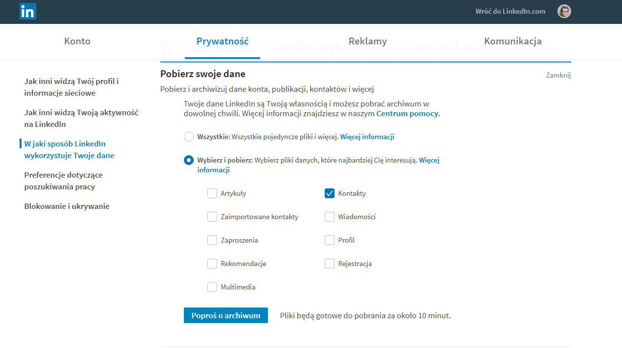 LinkedIn exportowanie 2