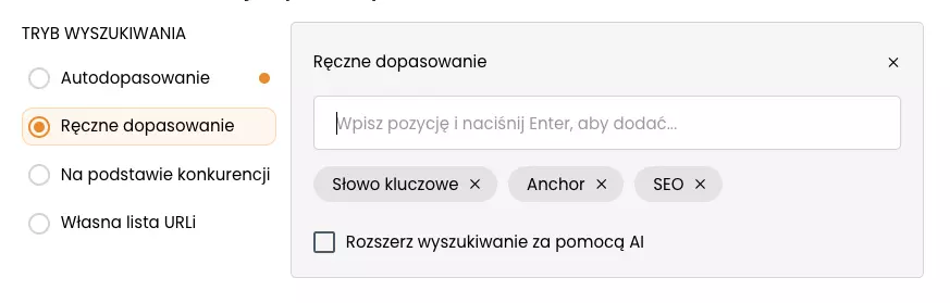 Tryb Ręczne dopasowanie z wpisanymi słowami kluczowymi