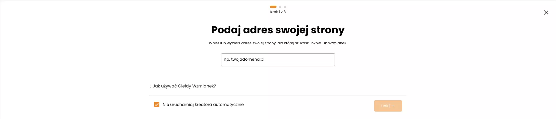 Kreator Giełdy Wzmianek — krok 1: Podaj adres swojej strony