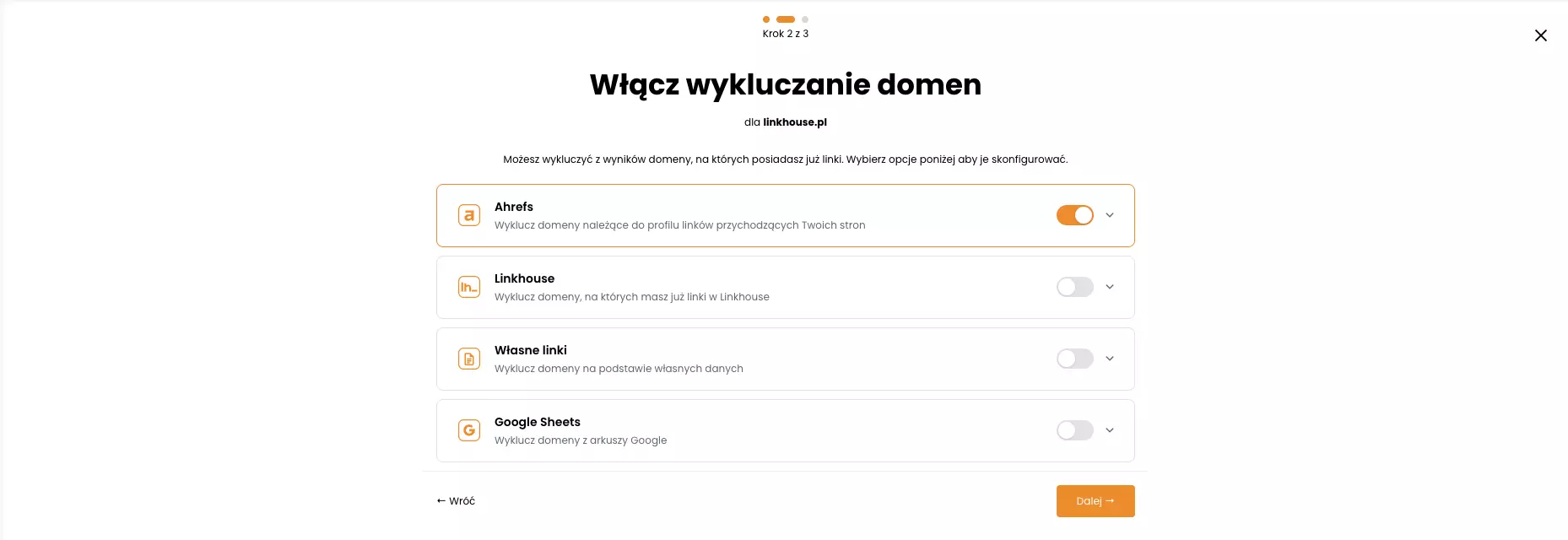 Kreator Giełdy Wzmianek — krok 2: Wykluczanie domen z Ahrefs, Linkhouse, własnych list i Google Sheets