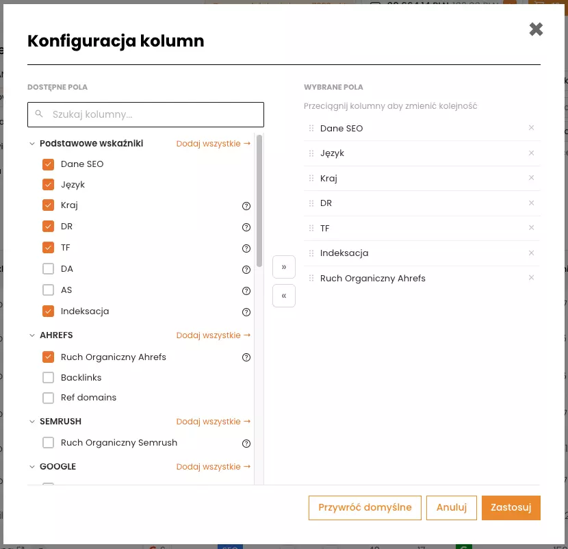Okno Konfiguracja kolumn z polami pogrupowanymi po dostawcach danych