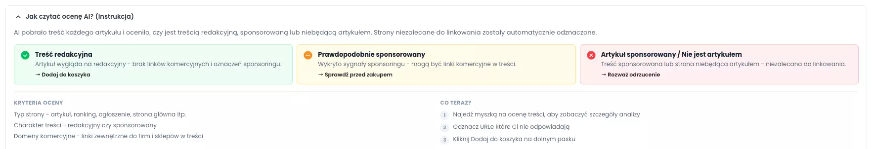 Rozwinięta instrukcja Jak czytać ocenę AI z trzema typami ocen i kryteriami