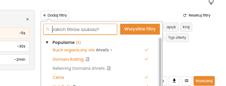 Panel filtrów Giełdy Wzmianek