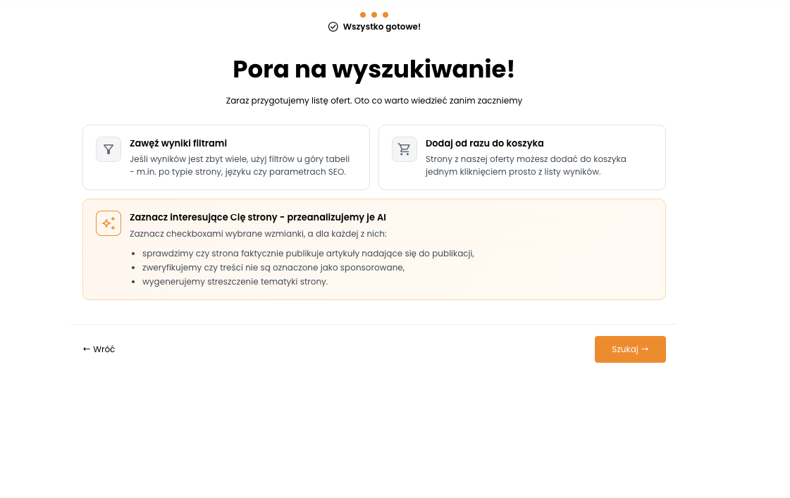 Ekran podsumowujący kreator — Pora na wyszukiwanie!