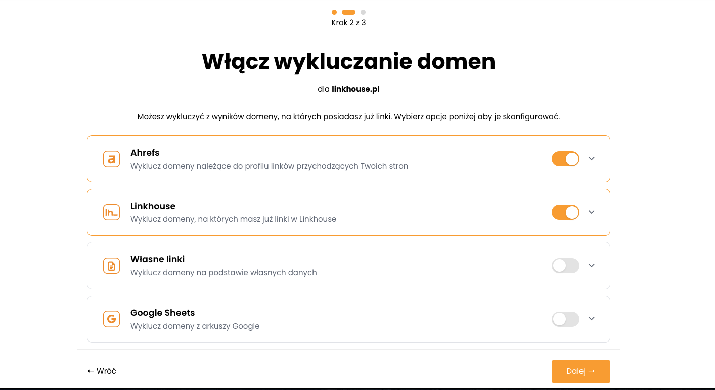 Kreator Giełdy Wzmianek — krok 2: Wykluczanie domen