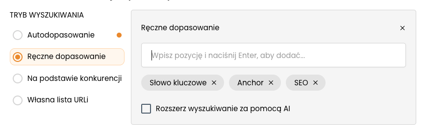 Tryb Ręczne dopasowanie z wpisanymi słowami kluczowymi