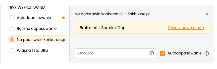 Tryb Na podstawie konkurencji — Backlink Gap