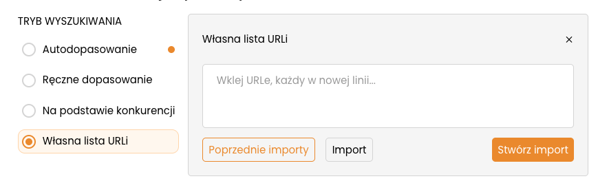 Tryb Własna lista URLi z opcjami importu
