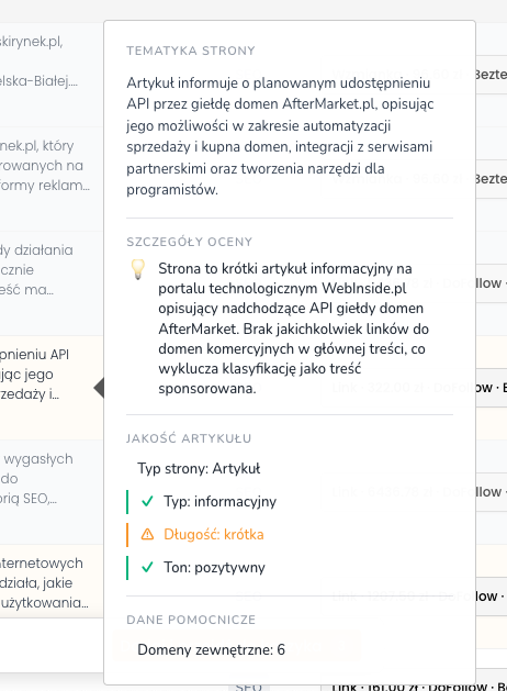 Panel szczegółów analizy AI z tematyką, oceną i jakością artykułu