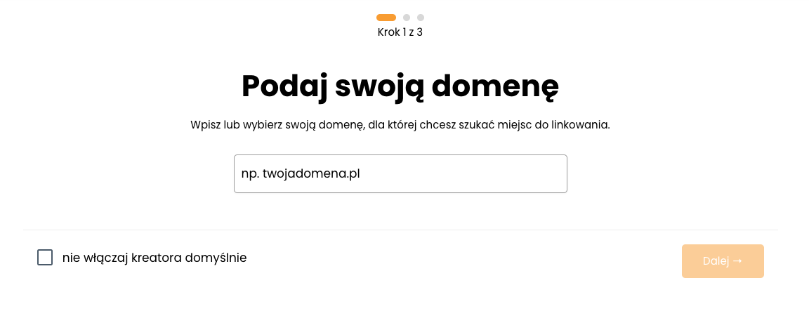 Kreator Giełdy Wzmianek — krok 1: Podaj swoją domenę