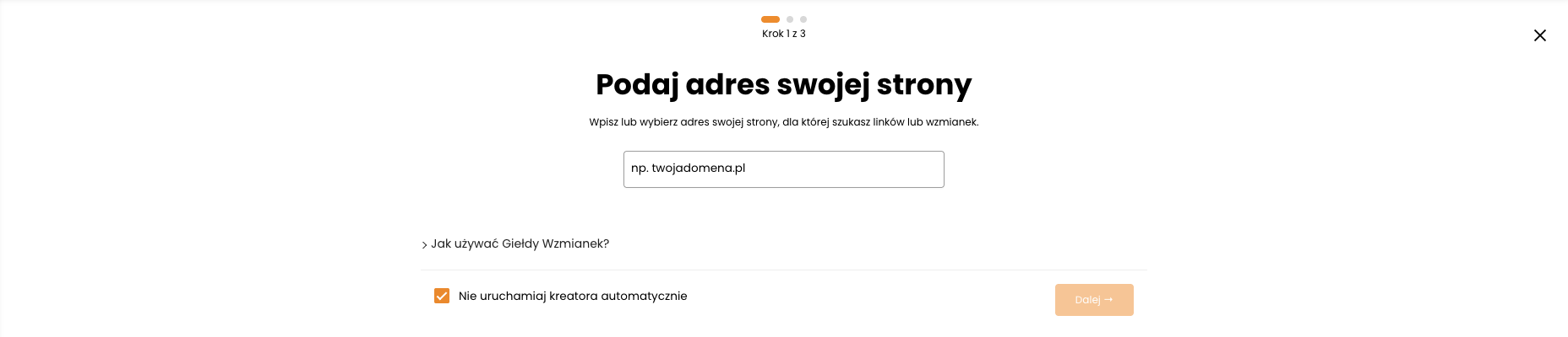 Kreator Giełdy Wzmianek — krok 1: Podaj adres swojej strony