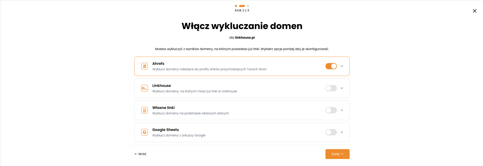 Kreator Giełdy Wzmianek — krok 2: Wykluczanie domen z Ahrefs, Linkhouse, własnych list i Google Sheets