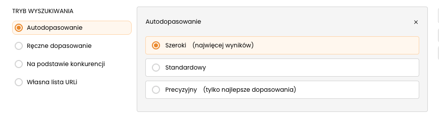 Tryb Autodopasowanie z wyborem dokładności: Szeroki, Standardowy, Precyzyjny