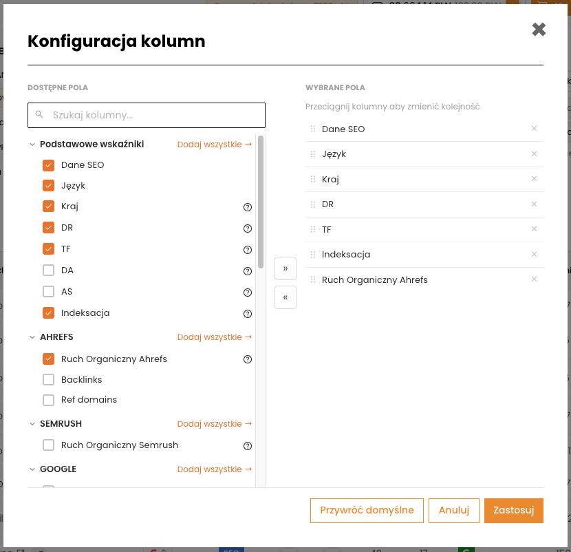 Okno Konfiguracja kolumn z polami pogrupowanymi po dostawcach danych