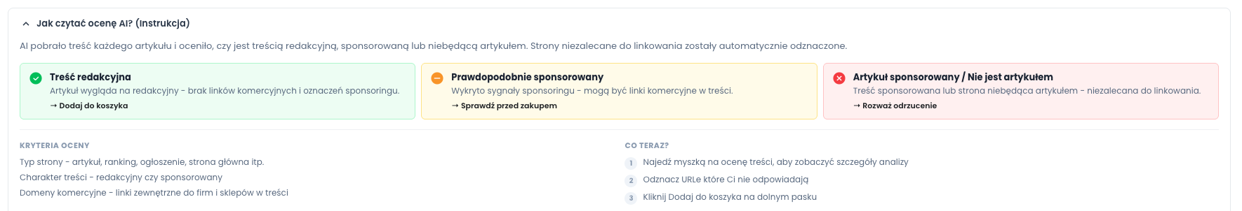 Rozwinięta instrukcja Jak czytać ocenę AI z trzema typami ocen i kryteriami