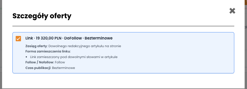 Okno Szczegóły oferty z zasięgiem, formą zamieszczenia linku i czasem publikacji
